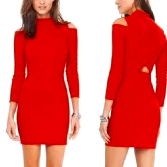 Express Ribbed Cold Shoulder Mock Neck Red Dress - Picture 1 of 10